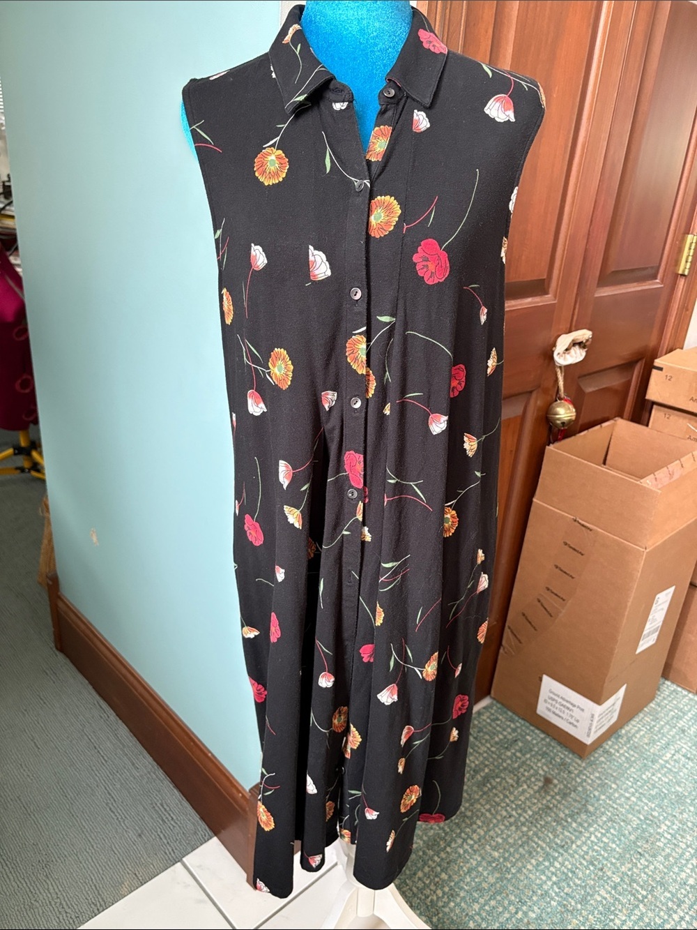J. Jill Button-Front Dress /collar stretch  black floral design red orange green